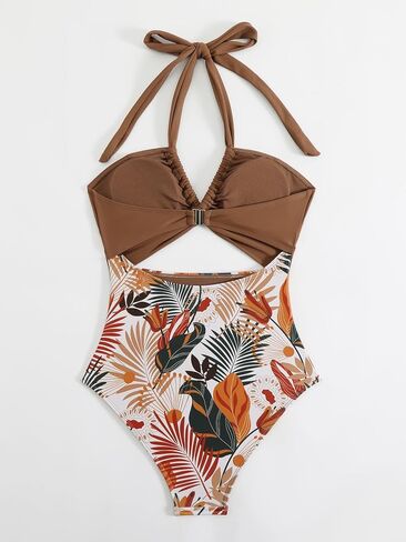 Women's One-Piece Swimsuit High Waisted Tummy Control Tropical Print Halter Neck Bathing Suit,for Beach,for Beach in Saudi Arabia