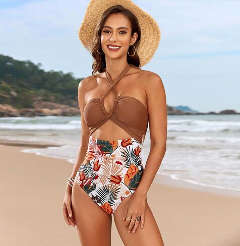 Women's One-Piece Swimsuit High Waisted Tummy Control Tropical Print Halter Neck Bathing Suit,for Beach,for Beach in Saudi Arabia