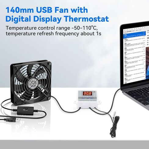 Eluteng USB Fan 120mm مع وحدة تحكم درجة الحرارة الرقمية ، 5 فولت USB مروحة كمبيوتر الكمبيوتر 1500 دورة في الدقيقة 3 سرعات قابلة للتعديل لوفتر الإلكترونية مع شواء معدني لجهاز الكمبيوتر المحمول/مربع/AV كودنت/PS5/جهاز التوجيه in Saudi Arabia
