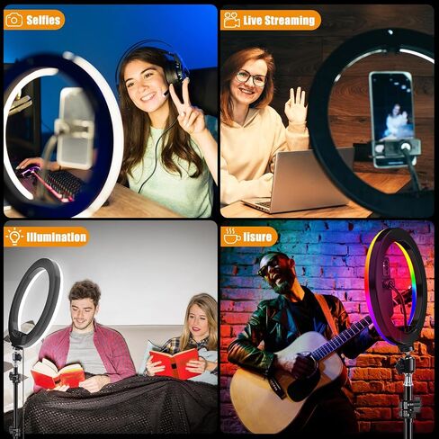13" RGB Selfie Ring Light with Stand 76" Tall & 2 Phone Holders, Tablet Holder, Sunset Lamp & 51 Color Modes, Desk Tripod, 12 Dimming Levels Halo Light, LED Camera Ringlight for iPhone/TikTok/YouTube in Saudi Arabia