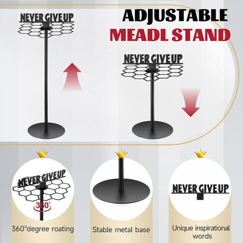 Honeydak Rotatable Medal Hangers Display Tabletop Metal Medal Holder Rack with Adjustable Height Holds 45+ Medals with Motivational Words Race Marathon Sports Hanger Display in Saudi Arabia