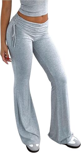 Verdusa Women's Fold Over Leggings Ruched Bell Bottom Pants Flare Wide Leg Trousers Yoga Pants in Saudi Arabia