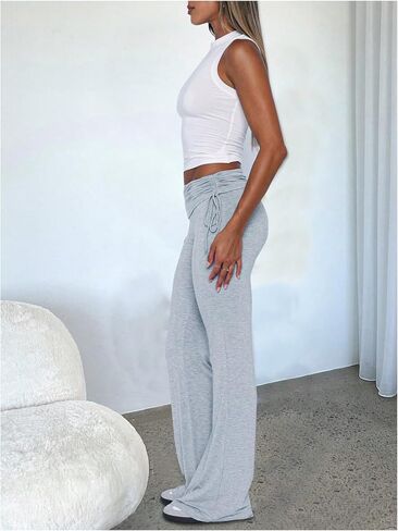 Verdusa Women's Fold Over Leggings Ruched Bell Bottom Pants Flare Wide Leg Trousers Yoga Pants in Saudi Arabia