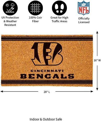 سجادة باب من ألياف جوز الهند الطبيعية NFL Cincinnati Bengals من Team Sports America NFL | مدخل داخلي وخارجي | 28 × 16 بوصة | عدم الانزلاق مرة أخرى | ترحيب الحصير | كفوف الكلب الموحلة | ديكور المنزل لمدخل الباب الأمامي in Saudi Arabia