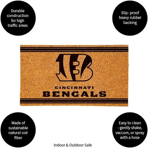 سجادة باب من ألياف جوز الهند الطبيعية NFL Cincinnati Bengals من Team Sports America NFL | مدخل داخلي وخارجي | 28 × 16 بوصة | عدم الانزلاق مرة أخرى | ترحيب الحصير | كفوف الكلب الموحلة | ديكور المنزل لمدخل الباب الأمامي in Saudi Arabia
