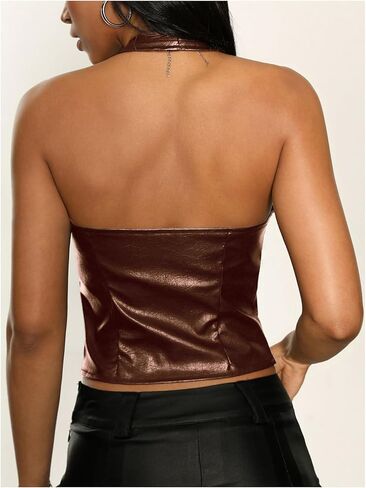 SHENHE Women's PU Leather Lace Up Halter Bustier Top Deep V Backless Sexy Club Rave Crop Top in Saudi Arabia
