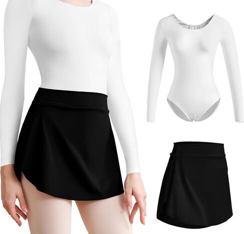 2Pcs Women's Team Basic Long Sleeve Dance Leotard with Pull on Black Ballet Skirt in Saudi Arabia