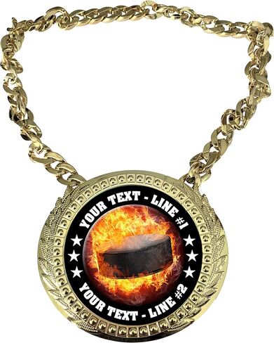 كأس سلسلة بطل الهوكي لهب مخصص من Express Medals مع سطرين من النص المخصص على ميدالية جائزة بلاستيكية صلبة كبيرة وسلسلة عنق ذهبية اللون بطول 34 بوصة. EMFCL800 in Saudi Arabia