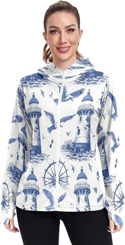 Nander Blue Retro Lighthouse Women's UPF 50+ Sun Protection Hoodie Jacket Full Zip Long Sleeve Sun Shirt in Saudi Arabia