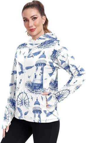 Nander Blue Retro Lighthouse Women's UPF 50+ Sun Protection Hoodie Jacket Full Zip Long Sleeve Sun Shirt in Saudi Arabia
