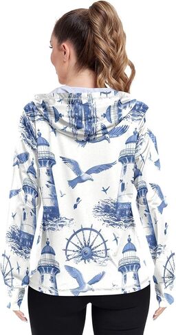 Nander Blue Retro Lighthouse Women's UPF 50+ Sun Protection Hoodie Jacket Full Zip Long Sleeve Sun Shirt in Saudi Arabia