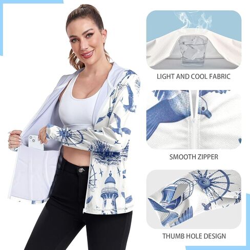 Nander Blue Retro Lighthouse Women's UPF 50+ Sun Protection Hoodie Jacket Full Zip Long Sleeve Sun Shirt in Saudi Arabia