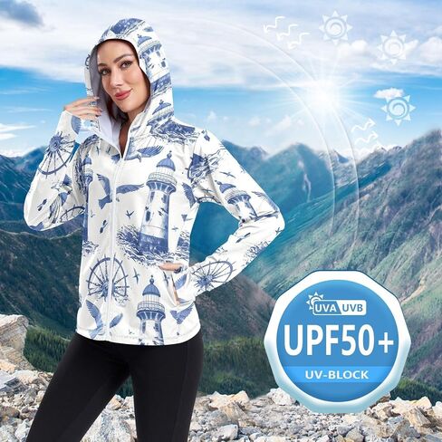 Nander Blue Retro Lighthouse Women's UPF 50+ Sun Protection Hoodie Jacket Full Zip Long Sleeve Sun Shirt in Saudi Arabia