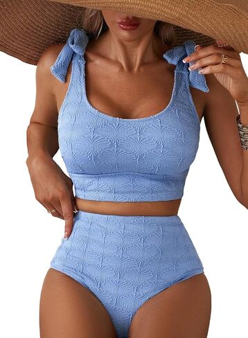 Herseas Women 2 Piece High Waisted Bikini Sets Seashell Textured Tie Strap Swimsuits Bathing Suit Beach Summer Outfits in Saudi Arabia