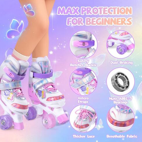 Adjustable Kids Roller Skates with Light Up Wheels & Safety Protection for Beginners, Toddler Roller Girls Skates Ages 3-5, 5-8, 8-12, Patines para Niñas for Indoor Outdoor Sports in Saudi Arabia
