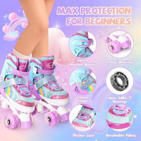 Adjustable Kids Roller Skates with Light Up Wheels & Safety Protection for Beginners, Toddler Roller Girls Skates Ages 3-5, 5-8, 8-12, Patines para Niñas for Indoor Outdoor Sports in Saudi Arabia
