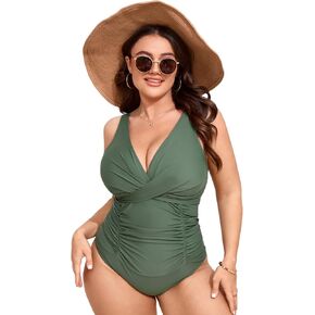 Women's Plus Size Tummy Control Swimsuits Sexy One Piece Bathing Suits Slimming V Neck Ruched Swimwear in Kuwait