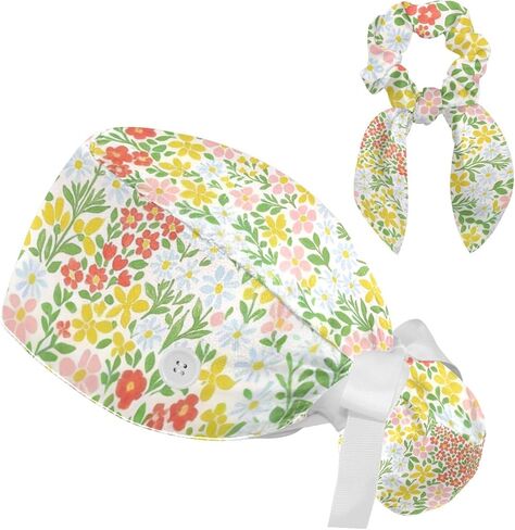Scrub Caps Women Nursing Hats Wildflowers with Buttons Ponytail Working Adjustable Pouch Tie Back in Kuwait