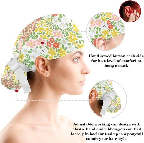 Scrub Caps Women Nursing Hats Wildflowers with Buttons Ponytail Working Adjustable Pouch Tie Back in Kuwait