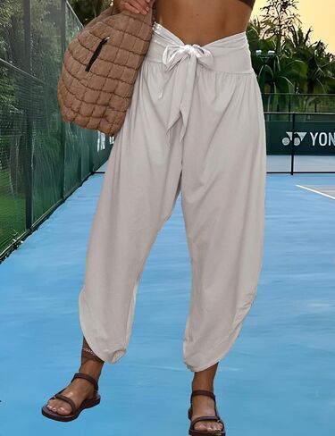 Women's Baggy Wide Leg Pants Elastic Waist Tie Knot Loose Yoga Harem Pants with Pockets in Saudi Arabia