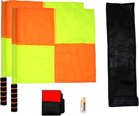 Soccer Referee Flag,Checkered Linesman Flags Set with Case，Metal Pole Foam Handle water Proof，Red Yellow Cards with Notebook and Pencil,Coach Stainless Steel Whistles with Lanyard 2Pcs (Style 2) in Kuwait