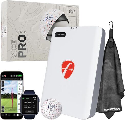 جهاز محاكاة إطلاق الجولف المحمول FlightScope Mevo Gen2 مع كرات Vice Pro | 18 معلمة بيانات، 8 دورات محاكاة E6، نظرة عامة على نظام تحديد المواقع العالمي (GPS)، داخلي وخارجي | منشفة الجولف من سلسلة Signature in Kuwait