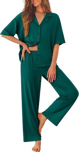 Ekouaer Women Pajamas Set Button Down Sleepwear قصيرة الأكمام PJS ناعمة مريحة ليلية مع سروال طويل S-XXL in Saudi Arabia