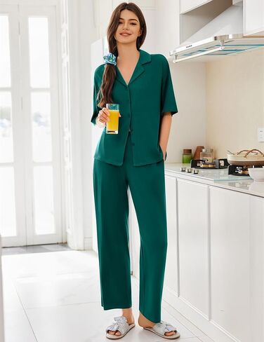 Ekouaer Women Pajamas Set Button Down Sleepwear قصيرة الأكمام PJS ناعمة مريحة ليلية مع سروال طويل S-XXL in Saudi Arabia