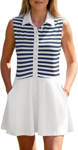 Fisoew Womens Casual Mini Dress Striped Sleeveless Button Collared Loose Summer Dresses with Pockets in Saudi Arabia