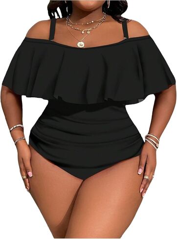 WDIRARA Women's Plus Size One Piece Swimsuit Color Block Ruffle Cold Shoulder Swimwear in Saudi Arabia