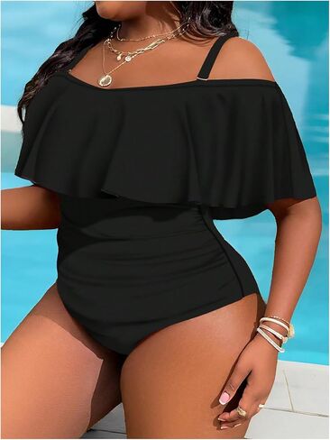 WDIRARA Women's Plus Size One Piece Swimsuit Color Block Ruffle Cold Shoulder Swimwear in Saudi Arabia