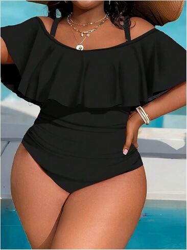 WDIRARA Women's Plus Size One Piece Swimsuit Color Block Ruffle Cold Shoulder Swimwear in Saudi Arabia