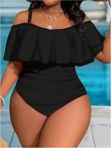 WDIRARA Women's Plus Size One Piece Swimsuit Color Block Ruffle Cold Shoulder Swimwear in Saudi Arabia