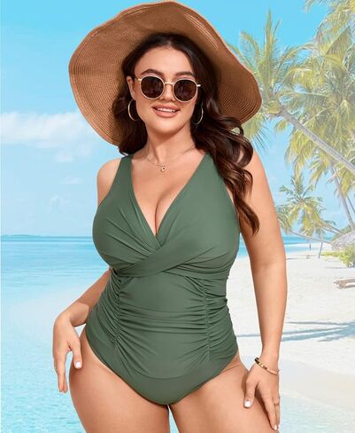 Women's Plus Size Tummy Control Swimsuits Sexy One Piece Bathing Suits Slimming V Neck Ruched Swimwear in Kuwait