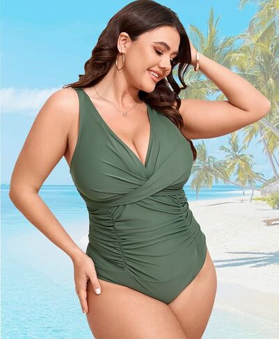 Women's Plus Size Tummy Control Swimsuits Sexy One Piece Bathing Suits Slimming V Neck Ruched Swimwear in Kuwait