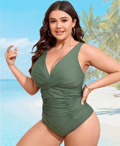 Women's Plus Size Tummy Control Swimsuits Sexy One Piece Bathing Suits Slimming V Neck Ruched Swimwear in Kuwait
