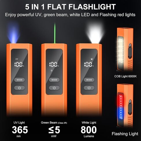 5-in-1 EDC Flat Flashlight 1000LM, Green Pointer UV Light Red Strobe Comb | Aluminum Alloy Handheld Flashlights, Waterproof Pocket Clip Slim Magnetic Handheld Flashlight USB-C Rechargeable in Kuwait