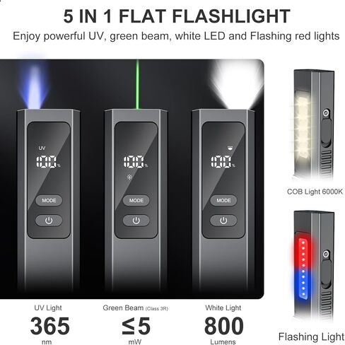 Pro Edc Flahlight Flat مع شعاع أخضر ، وضوء الأشعة فوق البنفسجية وسرد LED الأبيض ، و IPX4 ، و 1300 Lumens Protable Pocket Lights مع مغناطيس للتخييم في الهواء الطلق والسفر (الأسود) in Kuwait