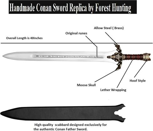 Conan The Barbarian Real Swords42 '' Handmade Conan Atlantean 1095 Carbon Steel Brass Fittings, Full Tang, Leather Sheath Viking Real King Sword 7.5 lbs Gifts for Men (Conan Father Sword) in Saudi Arabia