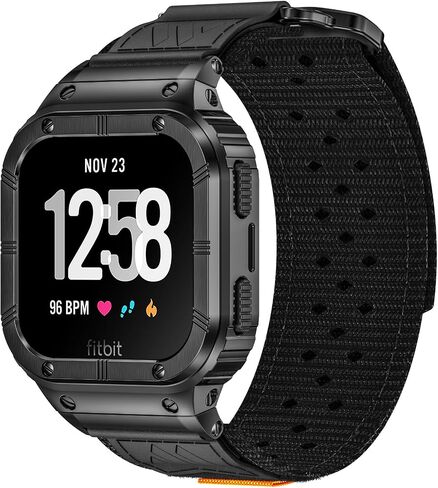 MioHHR Band Compatible with Fitbit Versa 4 3 2 1 /Fitbit Versa Lite/Fitbit Sense/Sense 2 Bands with Stainless Steel Case, Breathable Nylon Sport Adjustable Strap Replacement Rugged Wristband for Men in Kuwait