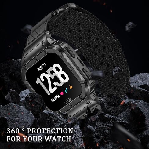MioHHR Band Compatible with Fitbit Versa 4 3 2 1 /Fitbit Versa Lite/Fitbit Sense/Sense 2 Bands with Stainless Steel Case, Breathable Nylon Sport Adjustable Strap Replacement Rugged Wristband for Men in Kuwait
