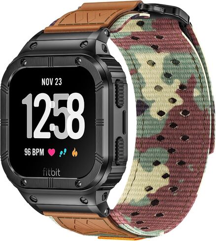 MioHHR Band Compatible with Fitbit Versa 4 3 2 1 /Fitbit Versa Lite/Fitbit Sense/Sense 2 Bands with Stainless Steel Case, Breathable Nylon Sport Adjustable Strap Replacement Rugged Wristband for Men in Kuwait