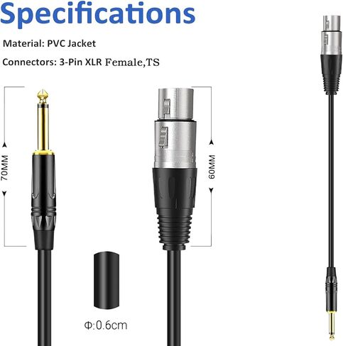 أنثى XLR إلى 1/4 (6.35 مللي متر) TS مونو جاك كابل ميكروفون غير متوازن سلك ميكروفون للميكروفون الديناميكي (10 قدم/3 متر) in Kuwait