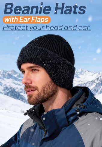 Zando Mens Winter Hat with Ear Flaps - Warm Thermal Fleece Lined Beanie, Stocking Caps, Knit Trapper Hats for Cold Weather in Saudi Arabia
