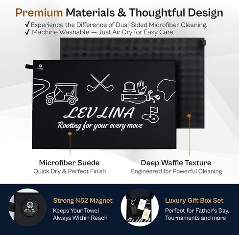 منشفة جولف مغناطيسية للرجال (جلد سويدي من الألياف الدقيقة على الوجهين + وافل) - مجموعة هدايا مناشف للحقائب مع حامل من جلد البولي يوريثان، مغناطيس قوي N52 (أسود) in Kuwait