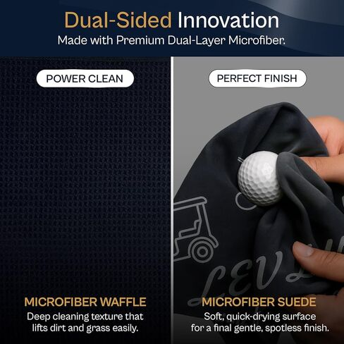 منشفة جولف مغناطيسية للرجال (جلد سويدي من الألياف الدقيقة على الوجهين + وافل) - مجموعة هدايا مناشف للحقائب مع حامل من جلد البولي يوريثان، مغناطيس قوي N52 (أسود) in Kuwait