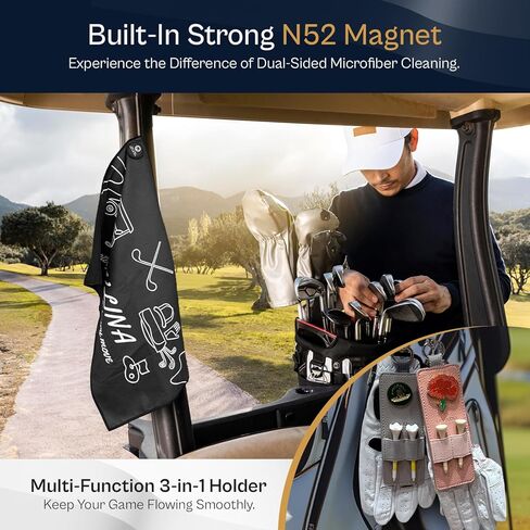 منشفة جولف مغناطيسية للرجال (جلد سويدي من الألياف الدقيقة على الوجهين + وافل) - مجموعة هدايا مناشف للحقائب مع حامل من جلد البولي يوريثان، مغناطيس قوي N52 (أسود) in Kuwait