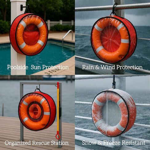 Weatherproof Life Ring Storage Bag – Life Ring Cover Holds 2 Lifebuoys + Rescue Gear – UV Resistant, Waterproof, Cold-Resistant – Double Zipper, Handle & Hook – for Pools, Water Parks, Docks, Boats in Saudi Arabia