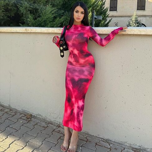 Women's Bodycon Maxi Dress Fall Spring Fashion Long Sleeve Floral Print Tight Fitted Party Club Ruched Dresses in Saudi Arabia