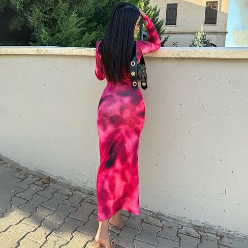 Women's Bodycon Maxi Dress Fall Spring Fashion Long Sleeve Floral Print Tight Fitted Party Club Ruched Dresses in Saudi Arabia